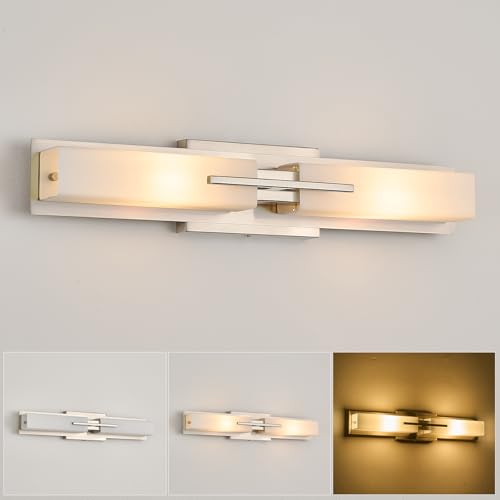 Image of VitaLink 24 inch Bathroom Vanity Light, Satin Nickel 2-Light Frosted Glass Wall Lights for Bathroom Hardwired Wall Mount Lighting Fixtures for Living Room Bedroom E12