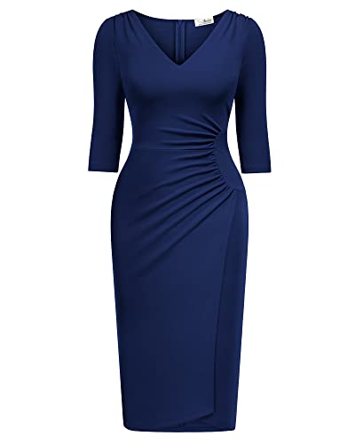 AISIZE Women's Classic V Neck 3/4 Sleeve Work Business Dress2