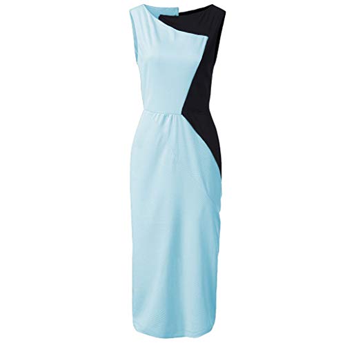 Women Elegant Dress,Kingwo Ladies Stylish Color Block Maxi Dress O-Neck Sleeveless Work Bussiness Office Formal Pencil Sheath Long Dress UK Size 8~22 Light Blue