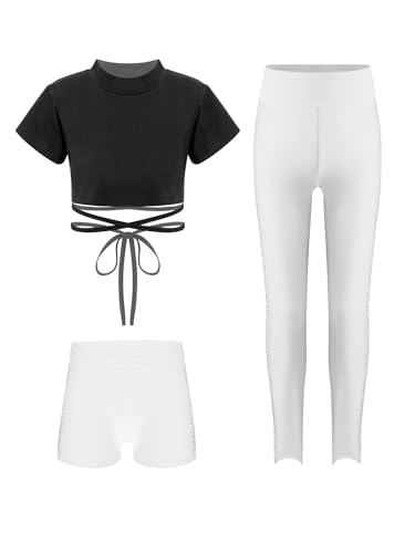 Ensemble de gymnastique fille 3 pièces avec crop top maille et short pour danse