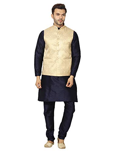 Image of Uri and MacKenzie Men's Silk Blend Regular Kurta Churidar Pyjama with Bundi Nehru Jacket /Waistcoat