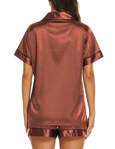 Image of Ekouaer Silk Pajamas for Women Short Sleeve Sleepwear Soft Button Down Loungewear 2 Piece Satin Pjs Shorts Set