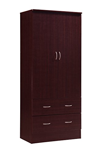 Hodedah Two Door Wardrobe, with Two Drawers, and Hanging Rod, Mahogany