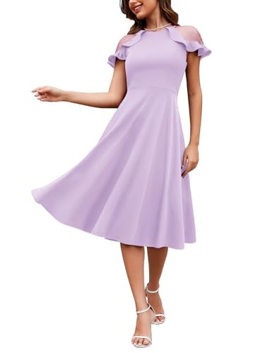 MuaDress Vestido de manga corta con volantes para mujer, vestido de invitada de boda, cuello redondo, elegante, formal, cóctel, fiesta, vestido midi, morado, S