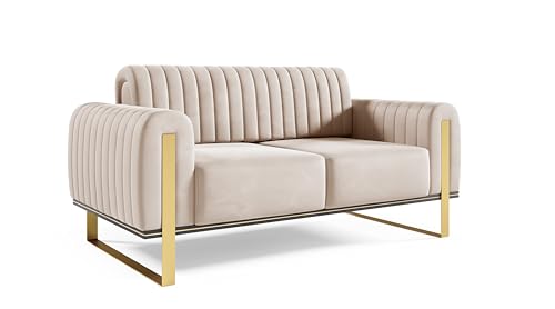 FURNISTAR Premium Pier Sofa 2-Sitzer, Glamour Design, Polstersofa mit drehbarer Rücklehne, Couch, Sofagarnitur, Wohnzimmer, goldene Metallfüße, Velour-Stoff - Creme