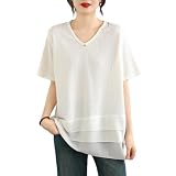 [Boretipseo] tシャツ レディース トップス 半袖 Vネック シフォン 切り替え フリルブラウス プルオーバー ふんわり かわいい 大きいサイズ 体型カバー おしゃれ カジュアル オフィス 通勤 春 夏 秋