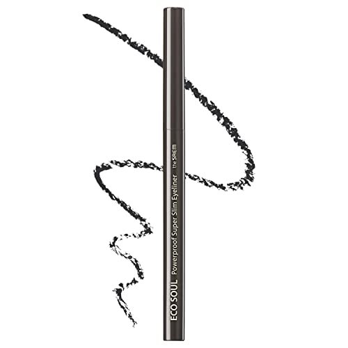 THESAEM Eco Soul Powerproof Super Slim Eyeliner - Smudge Proof Gel Eyeliner - Micro Precision Tip (2mm) - Highly Pigmented & Long-lasting Eye Makeup Glides on Smoothly, 0.1g (BK02 Ash Black)