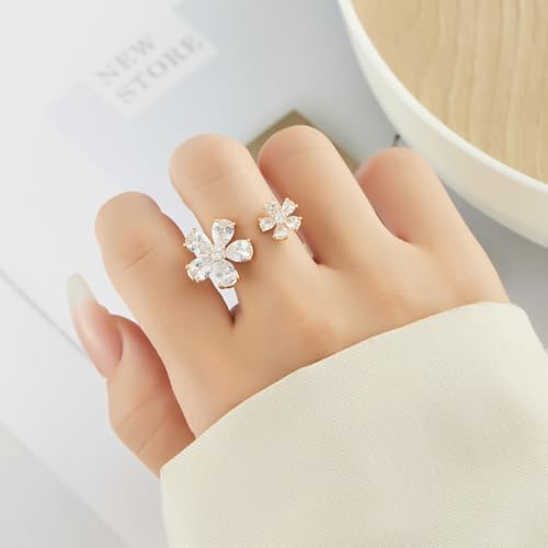 Kokoma Double Flower CZ Ring for Women Gold Plated Floral Open Statement Ring Wedding Band Promise Engagement Rings Wrap Finger Rings Fashion Jewelry2