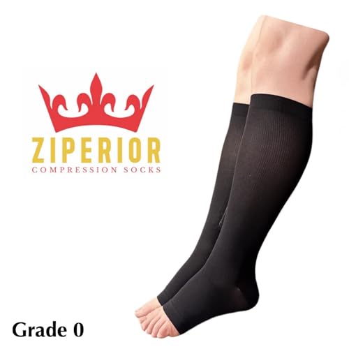 Image of 8-15 mmHg Compression Grade 0 Calf Inside Leg Zipper Open Toe Socks (Black, Small-Medium)