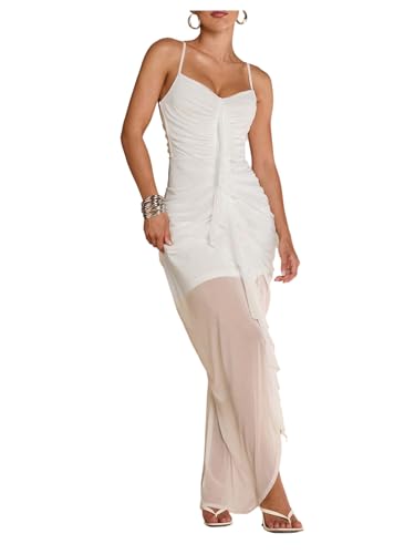 Image of Floerns Women's Ruffle Ruched Cami Dress Draped Split Elegant Bodycon Maxi Dresses