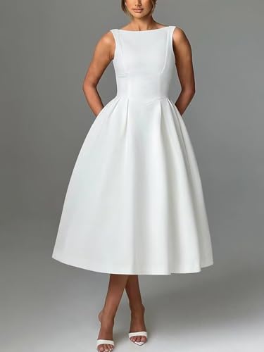 Tea Length Wedding Dresses for Bride Satin Midi Boat Neck Cocktail Party Dress Corset Formal Evening Gown3