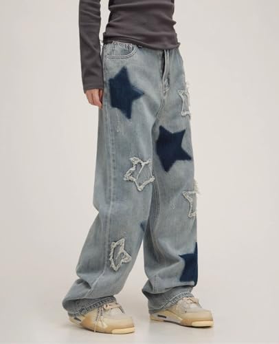 Cute Jeans for Women Girls Star Patchwork Pants Y2K High Waisted Straight Leg Baggy Jean Casual Preppy Clothes3