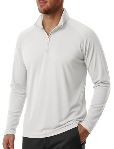 Men's UPF 50+ Sun Protective Quarter Zip Long Sleeve Outdoor Shirt for Hiking, Fishing - White