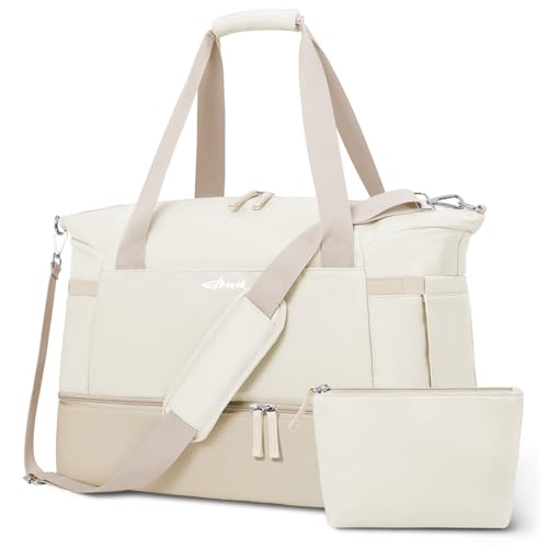 Image of Gym Bag for Women, Carry On Travel Duffel Bag with Shoes Compartment, Beige khaki, Medium, Duffel Bag