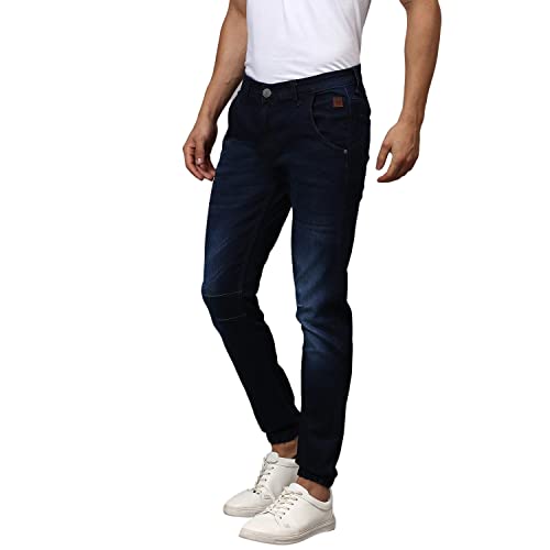 Image of CAHOOT Men's Navy Blue Tapered Dark- Wash Denim Jeans | Stretchable Cotton Mid-Rise Denim Jeans Crafted with Comfort Fit and High Performance for Everyday Wear