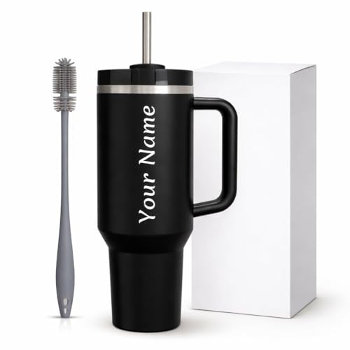 Image of Personalised with Your Name, 1200ml Tumbler with Straw-Handle-Stainless Steel Cup | Leakproof Sipper Mug for Hot-Cold Drinks |Coffee - WaterTumbler Black