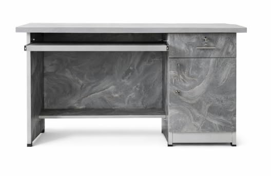 Image of Furniture Shoppe Executive Study Desk with Grey Textured Finish Lock and Key Drawer and Side Cabinet StorageSET