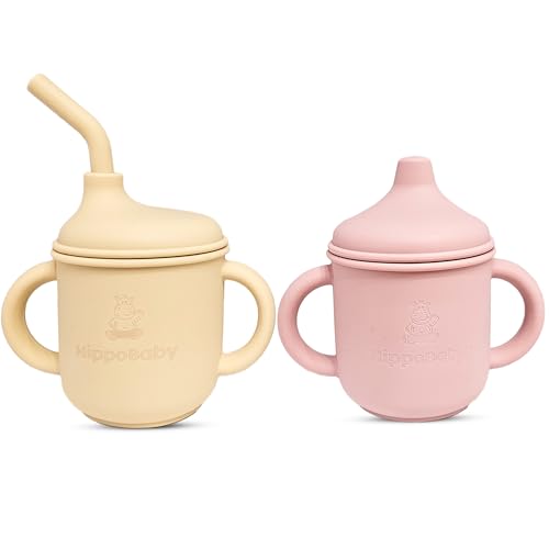 HippoBaby Silicone Transition Sippy Cup for 6+ Month Old | Includes 1 Toddler Straw Cup & 1 Baby Sippy Cups for Toddlers 1-3 | 5 oz | Perfect for Baby Led Weaning Supplies (Cream/Rose Quartz, 5 oz)