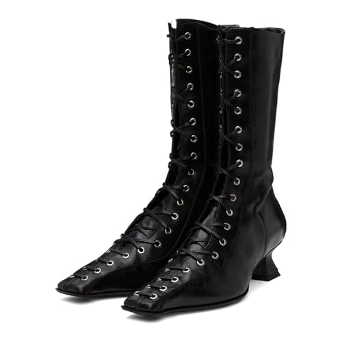 UniqueStride Womens Lace up Mid Calf Boots Pointed Square Toe Kitten Heel Vintage Witch Granny Booties Cosplay Costume Shoes