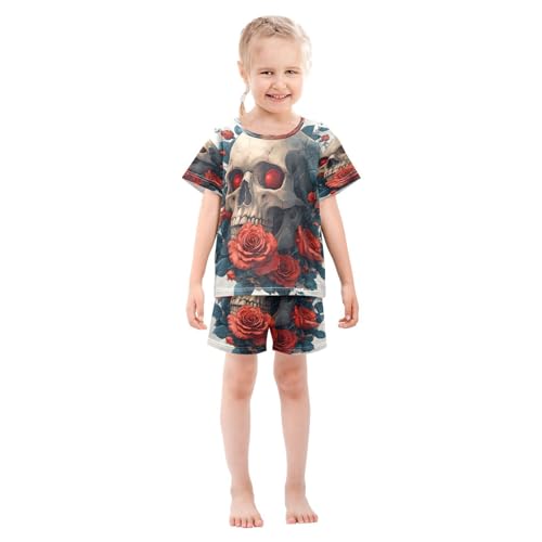 senya Short Sleeve Pajamas Sets Summer Cotton Sleepwear Red Flower Skull3