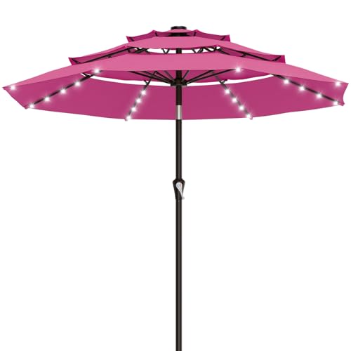 AreShark 9ft 3 Tiers Patio Umbrella with Solar Lights, Outdoor Umbrella w/ 32 LED Lights&8 Sturdy Ribs, Table Umbrella for Deck, Backyard, Pool (Rose Pink)