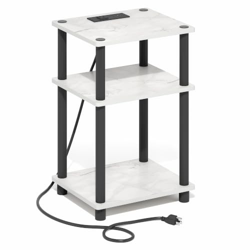 Image of Furinno Just 3-Tier Night Stand with Charging Station, Light Marble | USB and Type-C Charging Port, Open Shelf Bedside Table, Side Table, End Table, for Living Room, Bedroom