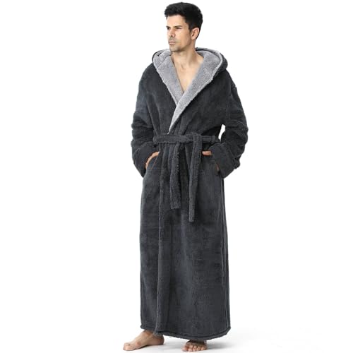 PUTUO Bata Hombre Albornoz de Invierno: Albornoz de Casa Polar de Invierno con Capucha para Hombre - Bata de Baño Cálida Microfibra para Caballero Gris XL 1 pieza