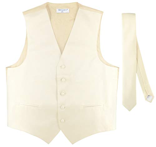 Men's Dress Vest & Skinny NeckTie Solid Cream Color 2.5