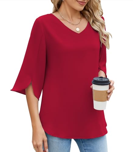 Zetieny Camisas para Mujer Elegante Blusa con Cuello en V Camisas Suelta Sólidos Informal Manga 3/4