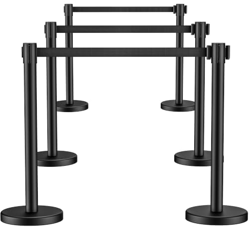 Image of CAMMOO 6 Pack Crowd Control Stanchions, 8.2ft Retractable Belt, 11 Lbs Base | Stainless Steel and No Fill Concrete Metal Base with Rubber Rim, Black Crowd Control Barriers for Queue Line, Events