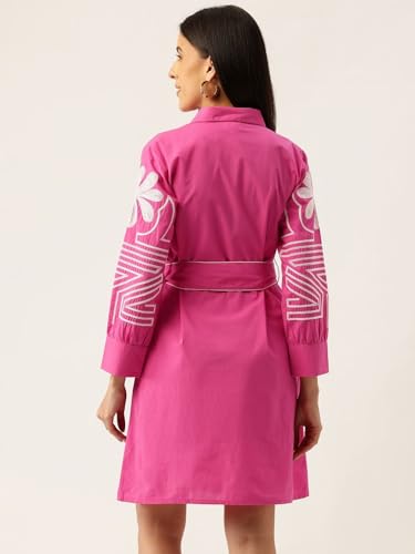 Image of Amazon Brand - INKAST Women Embroidery 3 /4th Sleeve Solid Pink Button Down Midi Dress with Belt | Casual One Piece | Summer Outfit | Collared Neck | 100% Cotton