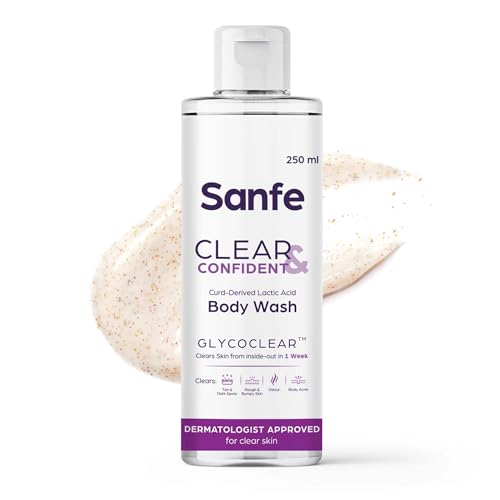 Sanfe Clear & Confident Glycolic Acid Body Wash | AHA Exfoliation for Rough & Bumpy Skin, Tan, Acne & Strawberry Skin | Smooth Skin from 1st Use | 250ml Daily Shower Gel