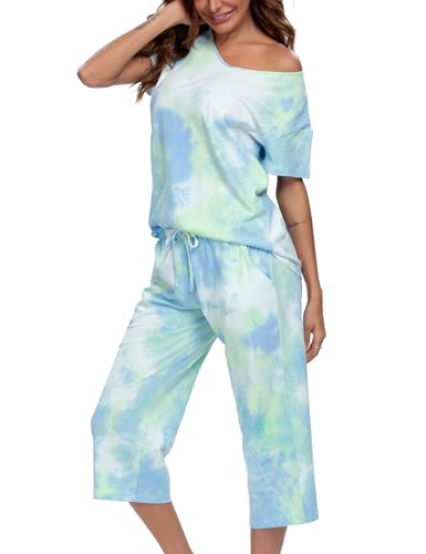 Image of ENJOYNIGHT Women Tie Dye Pajama Set Short Sleeve Top with Capri Pants Pjs