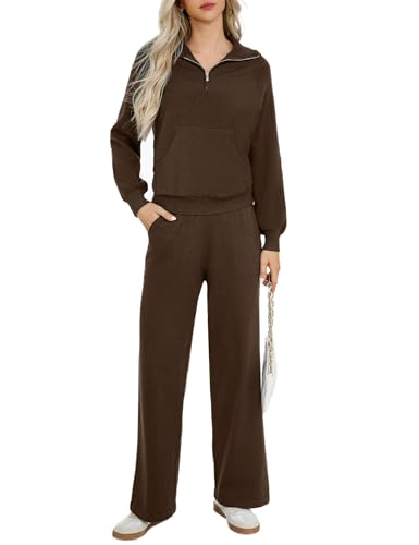 Totatuit Conjunto Punto Mujer 2 Piezas Conjunto de Salón de Manga Larga Color Sólido Conjunto Mujer Vestir Dos Piezas Top y Pantalon Deportivo Suelto Conjuntos MarróN S