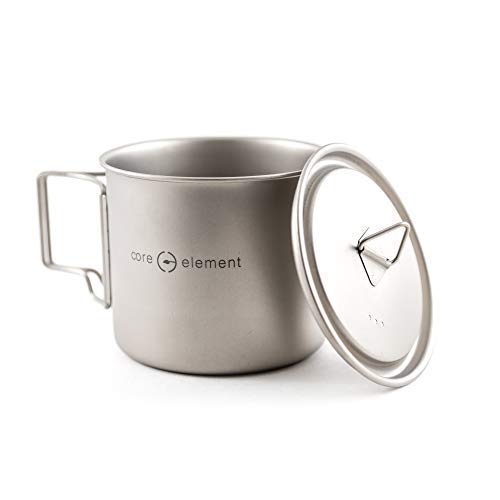 Core Element Dual Purpose Camping Mug Or Pot With Lid - 100% Titanium 550 Ml / 19 Oz Suitable For Open Fire Direct Flame (3.75 L X 3.75 W X 3.5 H Inches) - Folding Handles - Space Saver - Easy Clean #TOP3