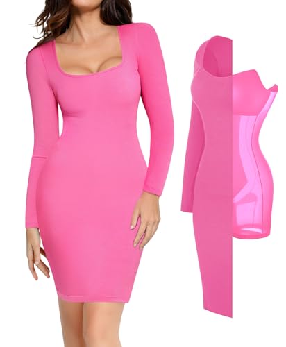 Image of Popilush Long Sleeve Midi Dresses for Women, Built-in Bra Shapewear Dress | Bodycon, Tummy Control, Square Neck, Cocktail Party and Dinners