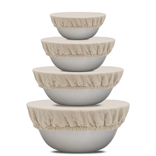 Reusable Fabric Bowl Covers for Bread Proofing - Washable, Dye-free, and All-Natural 100% Linen Cloth Bowl Covers for Bread Rising - Elastic Closure to Fit Multiple Bowl Sizes (1 XL, 1 L, 1 M, 1 S)