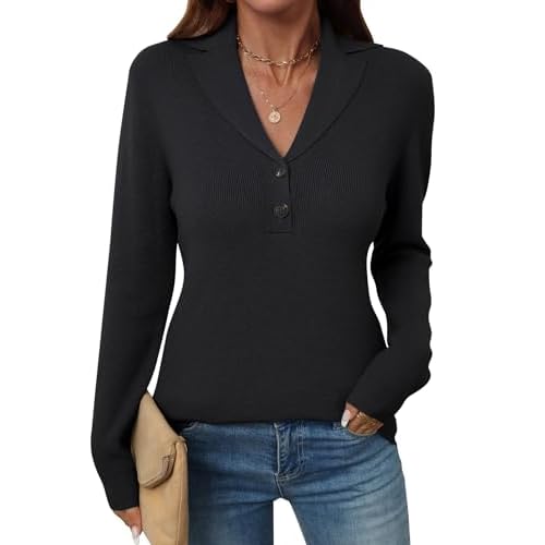 LOMON Sweaters for Women 2025 Fall Knitted V-Neck Collared Button Pullover Dressy Casual Long Sleeve Polo Shirts Business Small Black