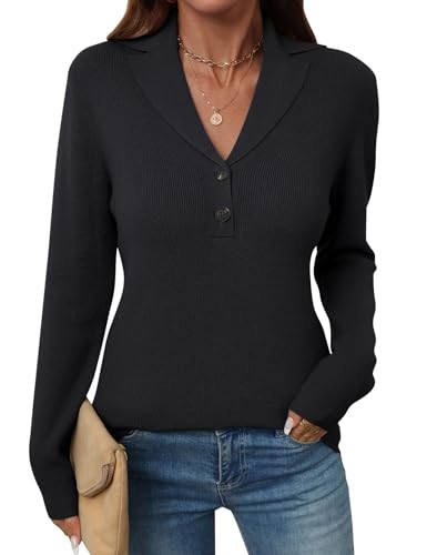 Image of LOMON Sweaters for Women 2025 Fall Knitted V-Neck Collared Button Pullover Dressy Casual Long Sleeve Polo Shirts Business
