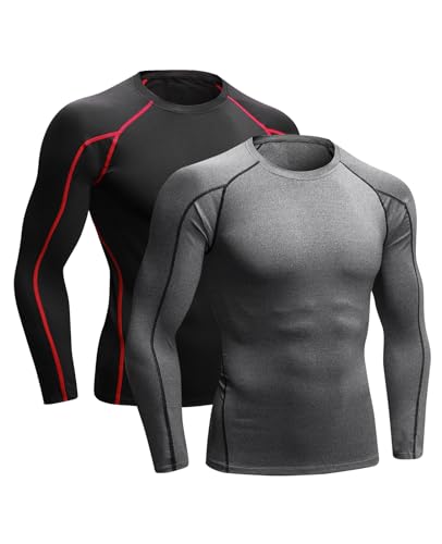 Niksa 2 Piezas Camisetas de Fitness Compresión Ropa Deportiva Manga Larga Hombre para Correr, Ejercicio,Gimnasio 1059 (Medium(Fit Chest 35.5"-37.5"), (Manga Larga) Gris Negro+Negro Rojo)