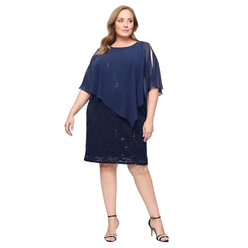Image of S.L. Fashions Women's Short Sequin Lace Beaded Capelet Overlay Dress