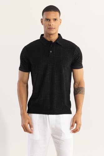 Image of SNITCH Men T-Shirts | Textured Self-Design Slim Fit Polo T-Shirt | 100% Polyester, Buttoned Closure, Half Sleeve, Casual Wear, Street Wear, College Wear