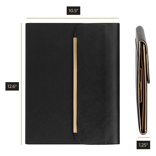 Image of BLU MONACO | Black Vegan Leather Portfolio Binder for Women | Professional Padfolio with Magnetic Closure & Gold Trim | Business Organizer Case for Documents & 8.5 x 11 Notepad