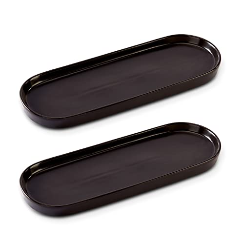 Ceramic Bathroom Counter and Bathtub Tray - Simple Style Design for Cosmetics, Candle, Perfume, Shampoo, Liquid Soap - Suit for Bathroom and Kitchen (2pcs Black)