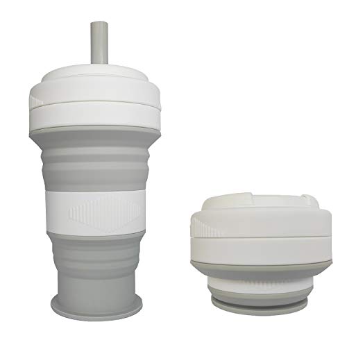 Hipier Tasse de Voyage Pliable avec Paille avec Couvercles Mug Silicone Isotherme Tasse de Cafe Reutilisable de Qualité Alimentaire PP pour la Lecture Randonnée Camping en Plein Air (Gris) Cover