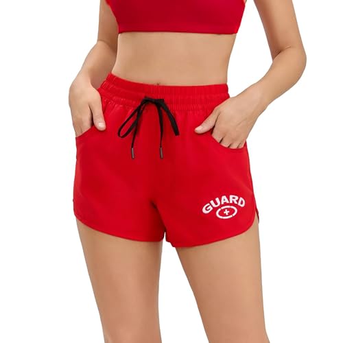 Adoretex Womens Guard 4-Ways Stretch Quick Dry Swim Boardshorts Elastic Waistband Lightweight Swim Shorts with Side Pockets (FGB016) - Red - Medium