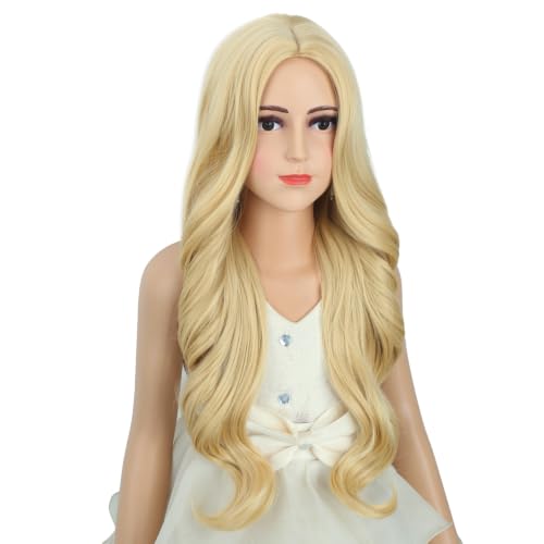 Image of Girls Light Blonde Wig Kids Long Mixed Blonde Wavy Curly Wig Girls Middle Part Wigs Heat Resistant Synthetic Wigs with Cap