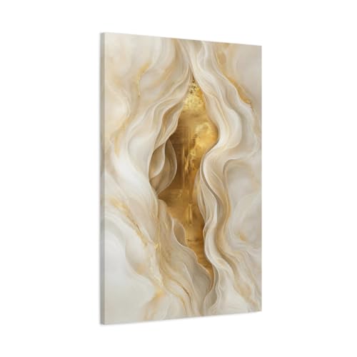 Toile canvas vagues abstraites or et blanc 60x90 cm pour salon