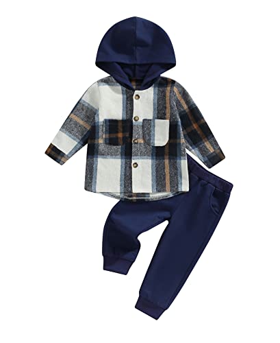 Kids Toddler Boys Girls Long Sleeve Button Down Hooded Plaid Shirt Hoodie Jacket+Solid Color Pant Outfit Fall Clothes (Plaid Hoodie-Navy Blue, 3-4 Years)