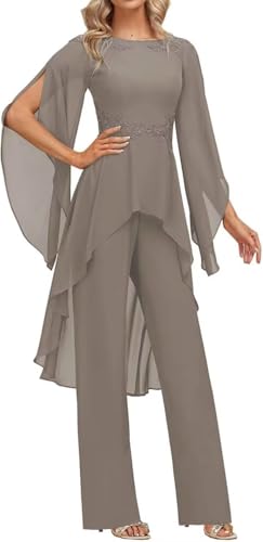 2 Pieces Chiffon Mother of The Bride Pant Suits for Wedding Lace Appliques Formal Outfits Ruffle Sleeve Pantsuits